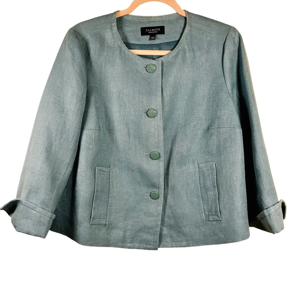 Talbots Woman Petites Blue 100% Linen Collarless Button Jacket 14WP Tailored